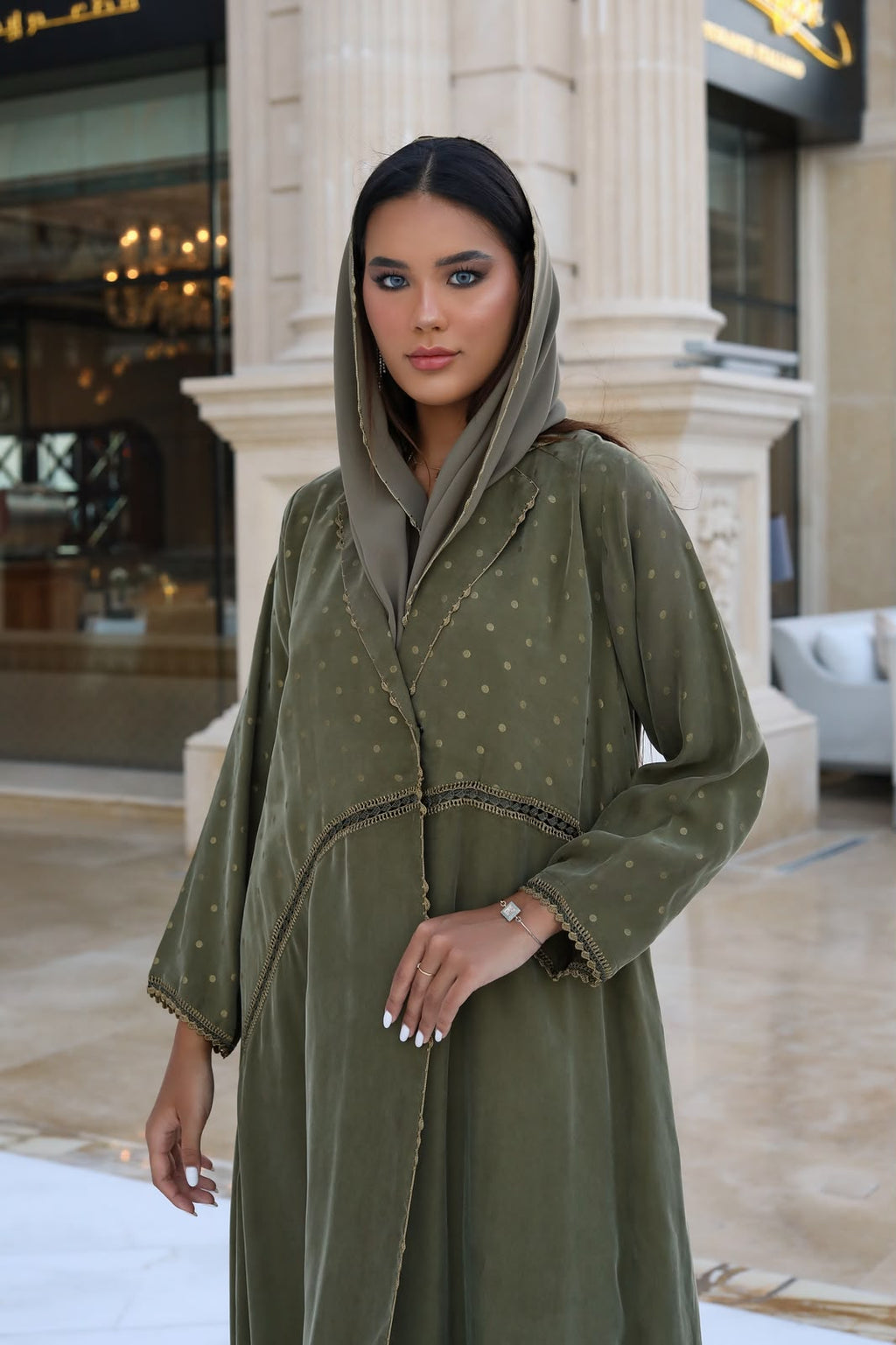 Olive Gold Dotted Abaya