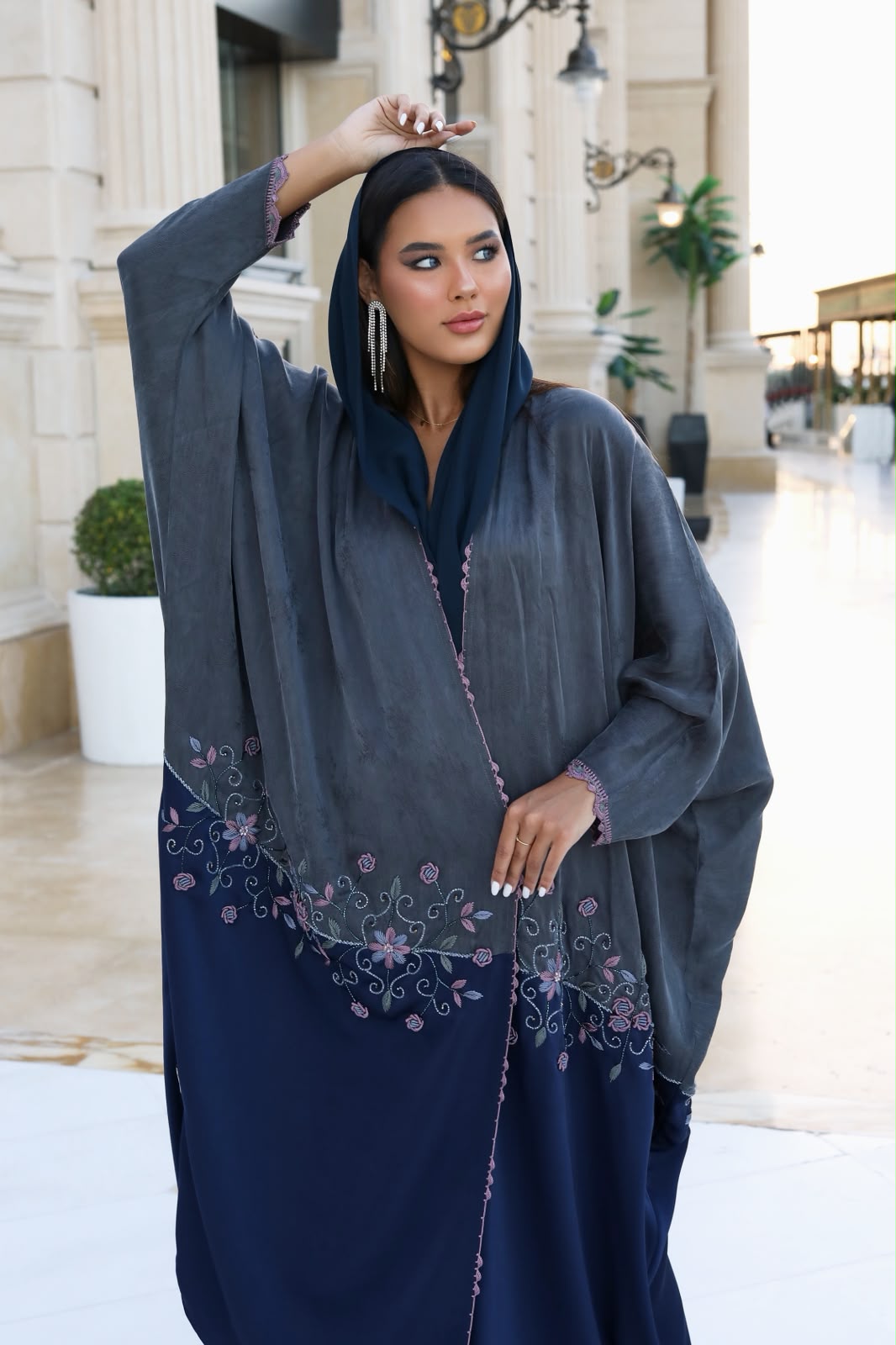 Slate Blue Floral Border Abaya