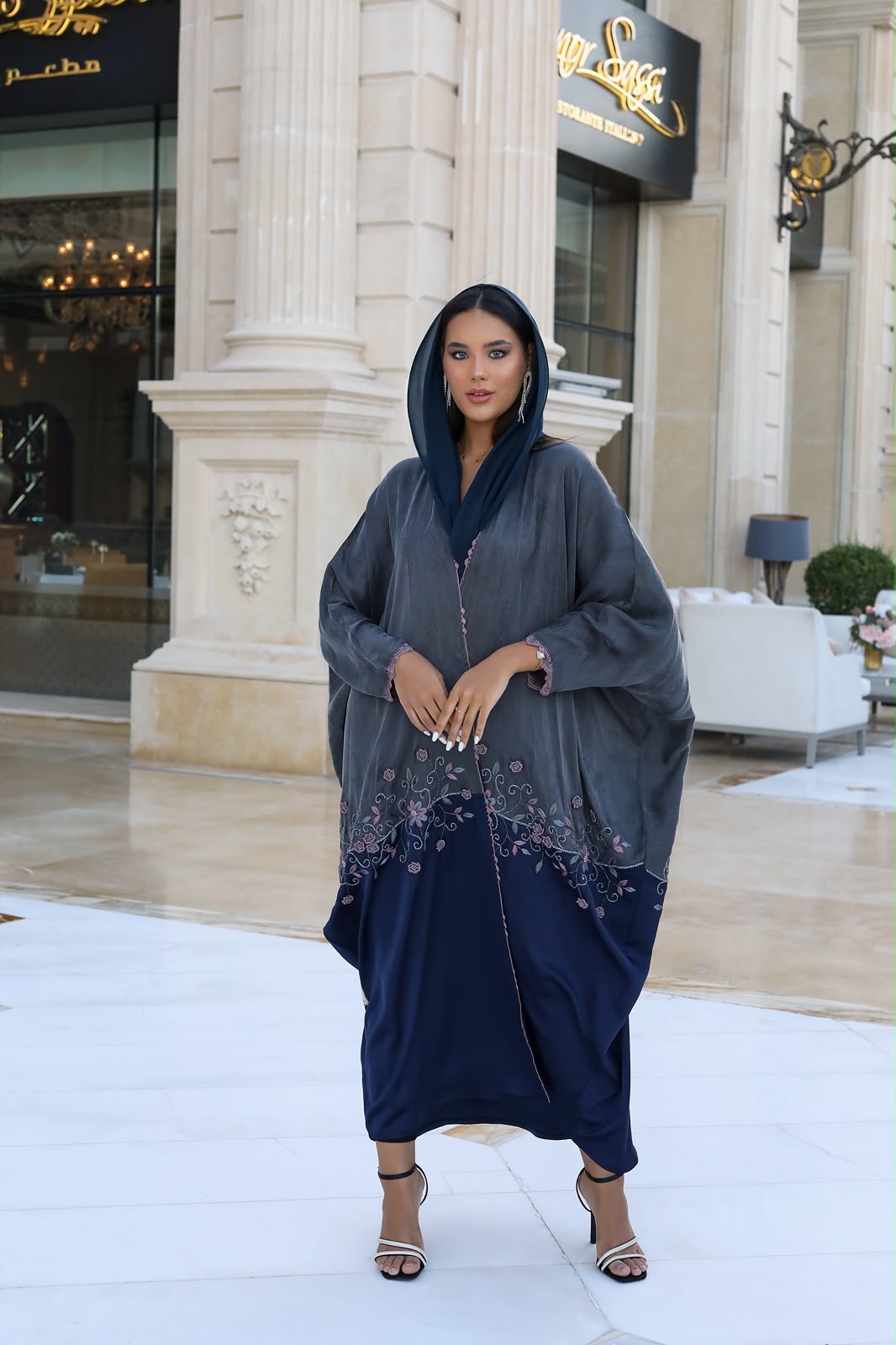 Slate Blue Floral Border Abaya